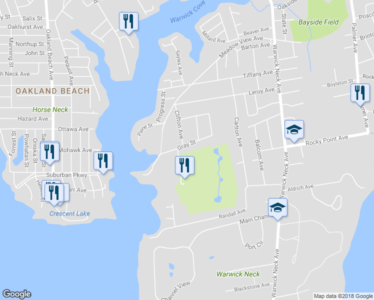 map of restaurants, bars, coffee shops, grocery stores, and more near 122 Gray Street in Warwick