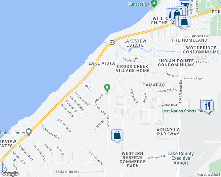 map of restaurants, bars, coffee shops, grocery stores, and more near 37806 Green Drive in Eastlake