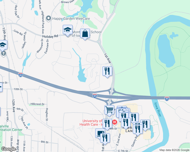 map of restaurants, bars, coffee shops, grocery stores, and more near 30 Redtail Court in Coralville