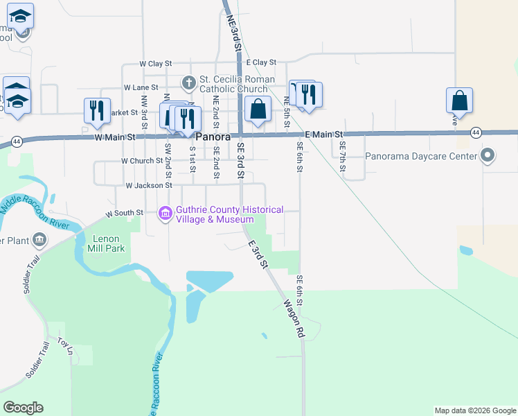map of restaurants, bars, coffee shops, grocery stores, and more near 319 East South Street in Panora