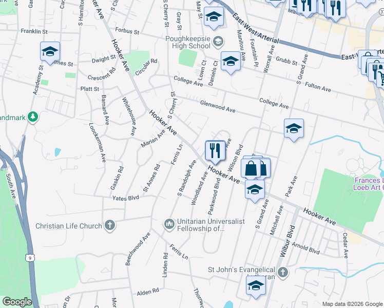 map of restaurants, bars, coffee shops, grocery stores, and more near 171 Hooker Avenue in Poughkeepsie