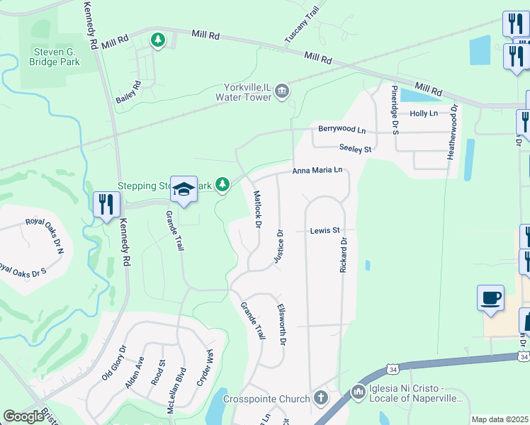 map of restaurants, bars, coffee shops, grocery stores, and more near 3149 Justice Drive in Yorkville