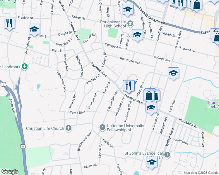 map of restaurants, bars, coffee shops, grocery stores, and more near 5 Ferris Lane in Poughkeepsie