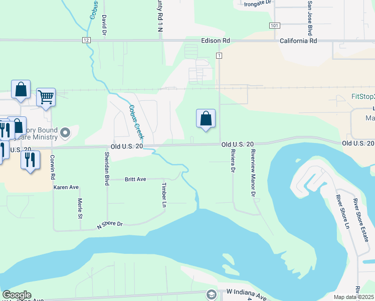map of restaurants, bars, coffee shops, grocery stores, and more near 30120 Old U.S. 20 in Elkhart