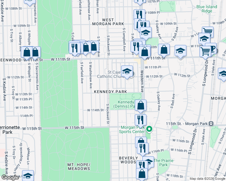 map of restaurants, bars, coffee shops, grocery stores, and more near 2544 West 113th Street in Chicago
