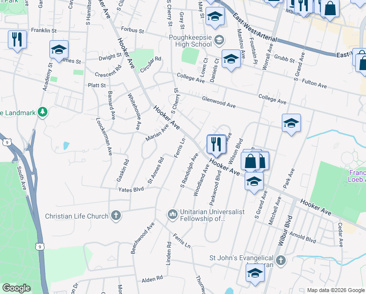 map of restaurants, bars, coffee shops, grocery stores, and more near 5 Ferris Lane in Poughkeepsie