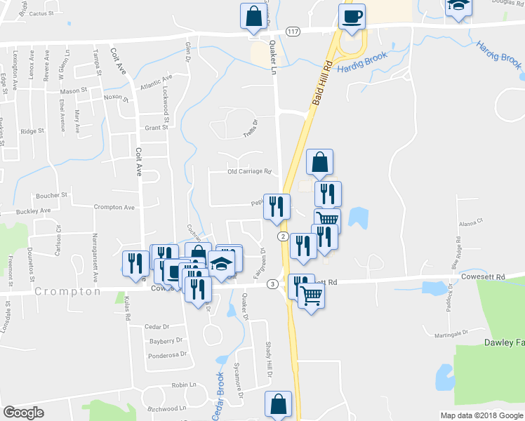map of restaurants, bars, coffee shops, grocery stores, and more near 20 Pepin Street in West Warwick