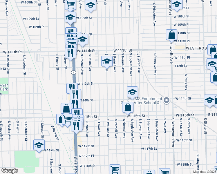 map of restaurants, bars, coffee shops, grocery stores, and more near 11311 South Wallace Street in Chicago