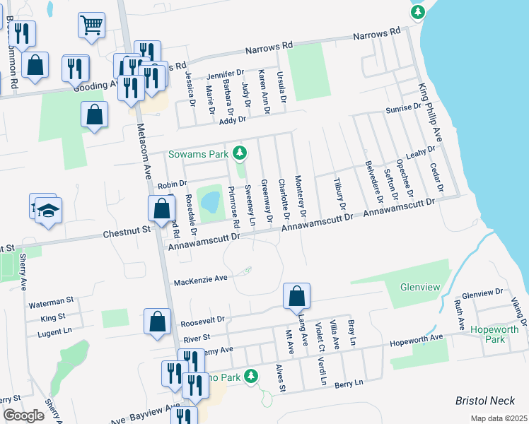 map of restaurants, bars, coffee shops, grocery stores, and more near 6 Sweeney Lane in Bristol