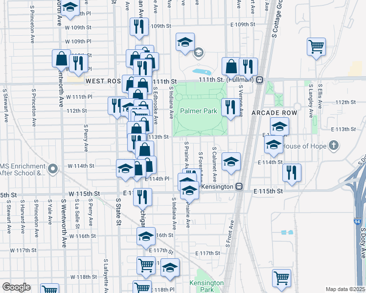 map of restaurants, bars, coffee shops, grocery stores, and more near 11337 South Prairie Avenue in Chicago