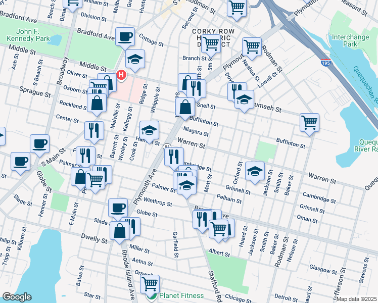 map of restaurants, bars, coffee shops, grocery stores, and more near 70 Coral Street in Fall River