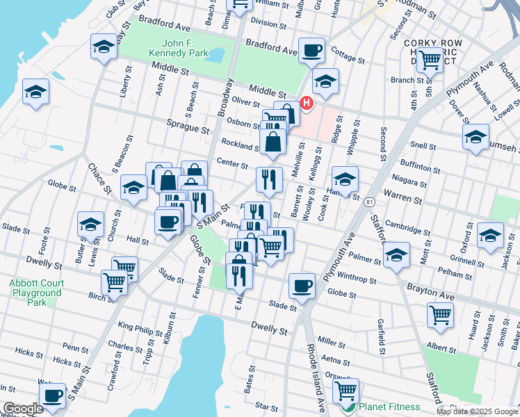 map of restaurants, bars, coffee shops, grocery stores, and more near 83 Peckham Street in Fall River