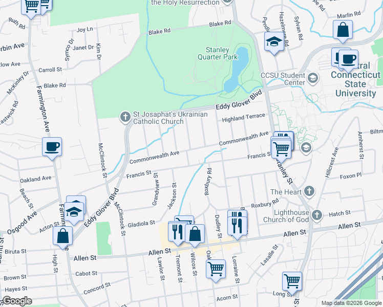 map of restaurants, bars, coffee shops, grocery stores, and more near 263 Francis Street in New Britain