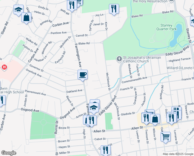 map of restaurants, bars, coffee shops, grocery stores, and more near 27 Cynthia Court in New Britain
