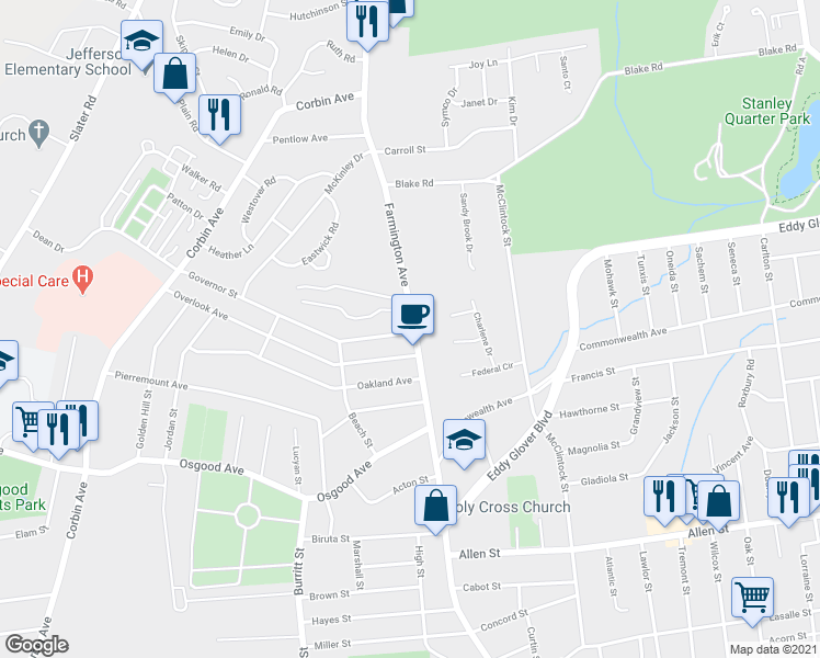 map of restaurants, bars, coffee shops, grocery stores, and more near 375 Farmington Avenue in New Britain
