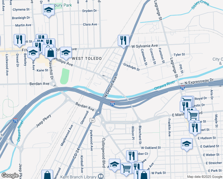 map of restaurants, bars, coffee shops, grocery stores, and more near 3618 North Detroit Avenue in Toledo