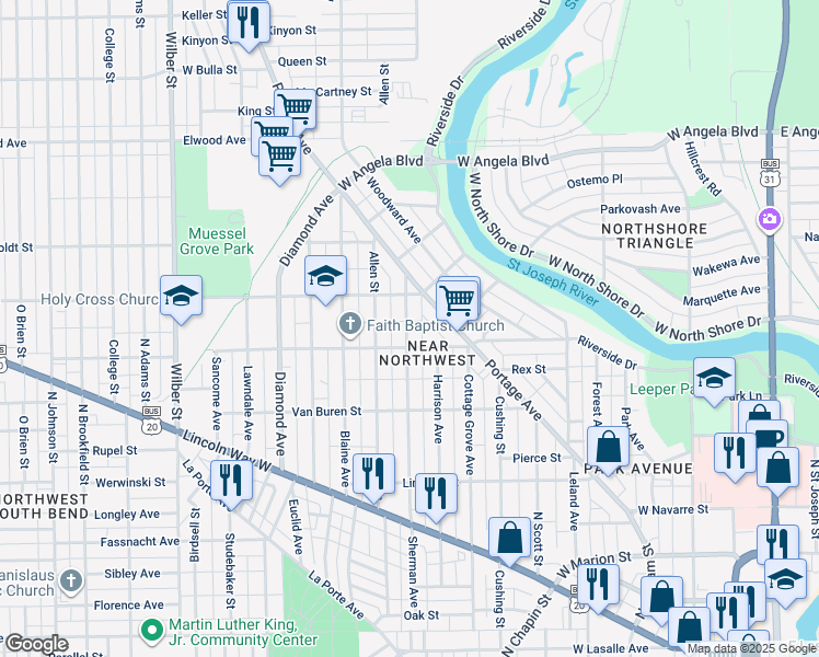 map of restaurants, bars, coffee shops, grocery stores, and more near 1005 Sherman Avenue in South Bend