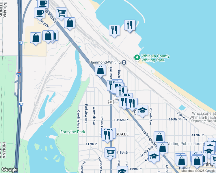 map of restaurants, bars, coffee shops, grocery stores, and more near 1400-1498 Indianapolis Blvd in Whiting