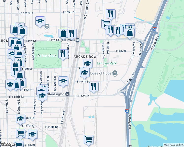 map of restaurants, bars, coffee shops, grocery stores, and more near 11342 South Champlain Avenue in Chicago