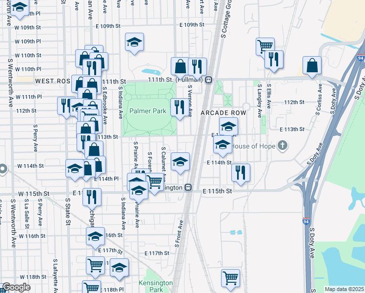 map of restaurants, bars, coffee shops, grocery stores, and more near 11338 South King Drive in Chicago
