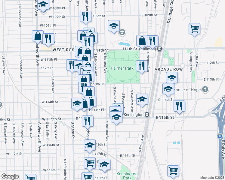 map of restaurants, bars, coffee shops, grocery stores, and more near 11337 South Prairie Avenue in Chicago