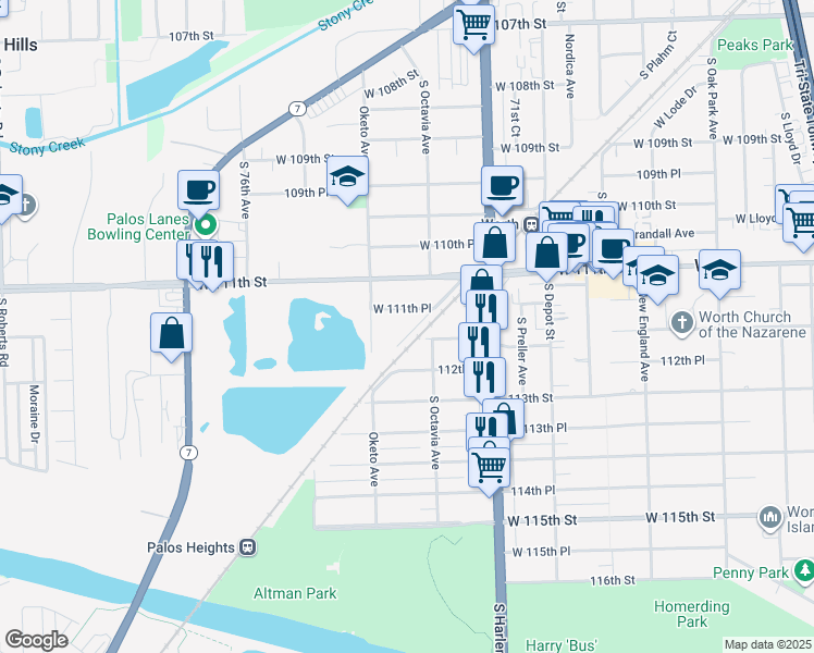 map of restaurants, bars, coffee shops, grocery stores, and more near 11170 South Columbus Drive in Worth