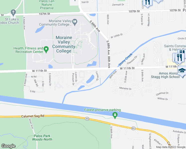 map of restaurants, bars, coffee shops, grocery stores, and more near 43 Lucas Drive in Palos Hills