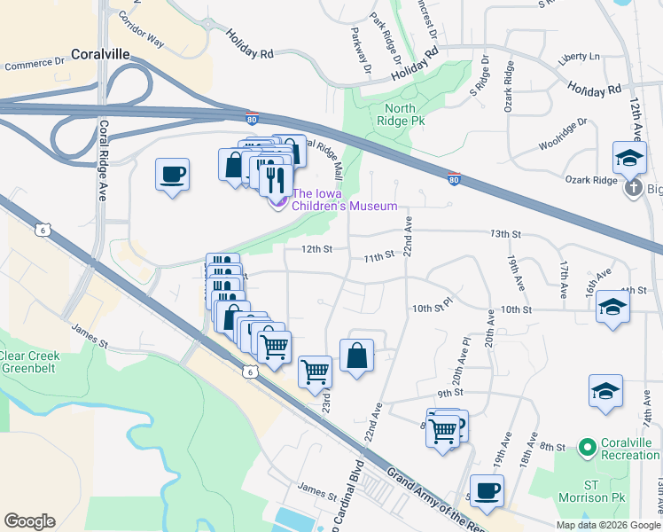 map of restaurants, bars, coffee shops, grocery stores, and more near 2314 10th Street in Coralville
