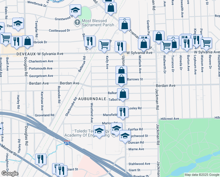 map of restaurants, bars, coffee shops, grocery stores, and more near 2002 Balkan Place in Toledo
