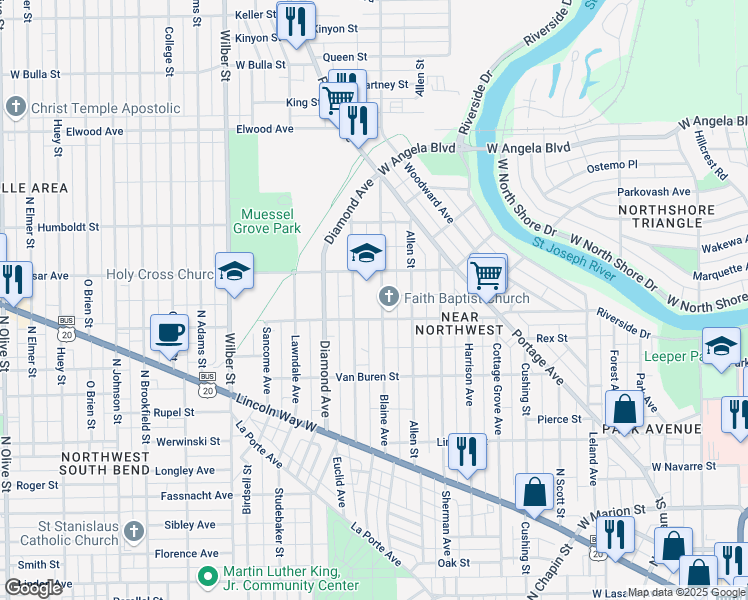 map of restaurants, bars, coffee shops, grocery stores, and more near 1021 Blaine Avenue in South Bend