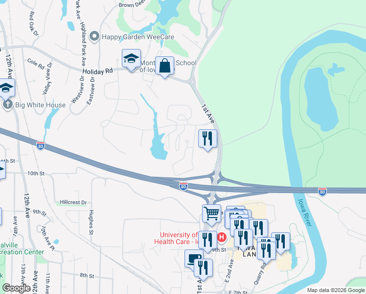 map of restaurants, bars, coffee shops, grocery stores, and more near 13 Redtail Bend in Coralville