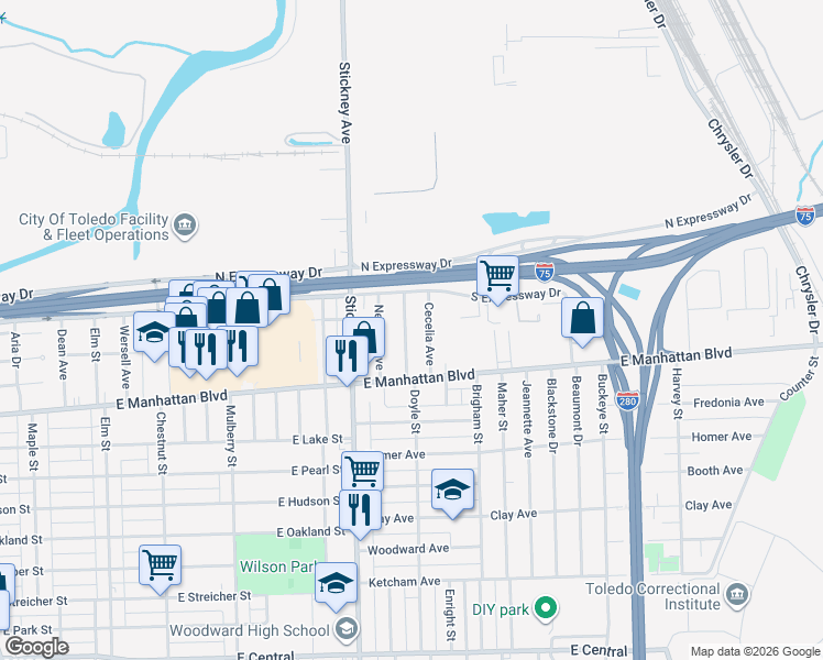 map of restaurants, bars, coffee shops, grocery stores, and more near 3564 Doyle Street in Toledo
