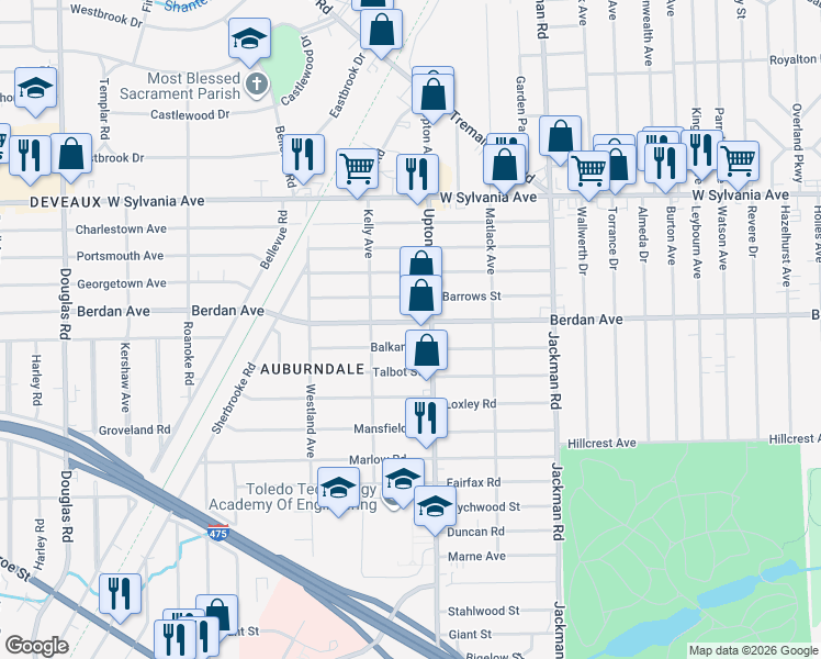 map of restaurants, bars, coffee shops, grocery stores, and more near 1928 Balkan Place in Toledo