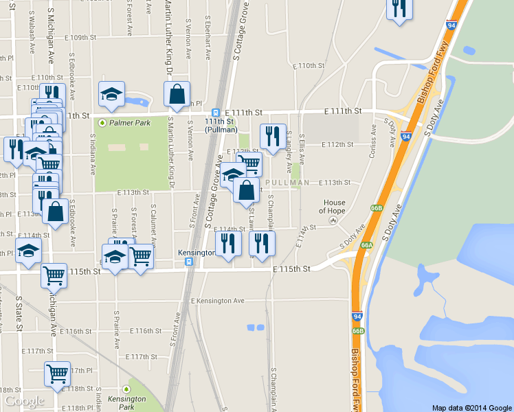 map of restaurants, bars, coffee shops, grocery stores, and more near 11325 S St Lawrence Ave in Chicago