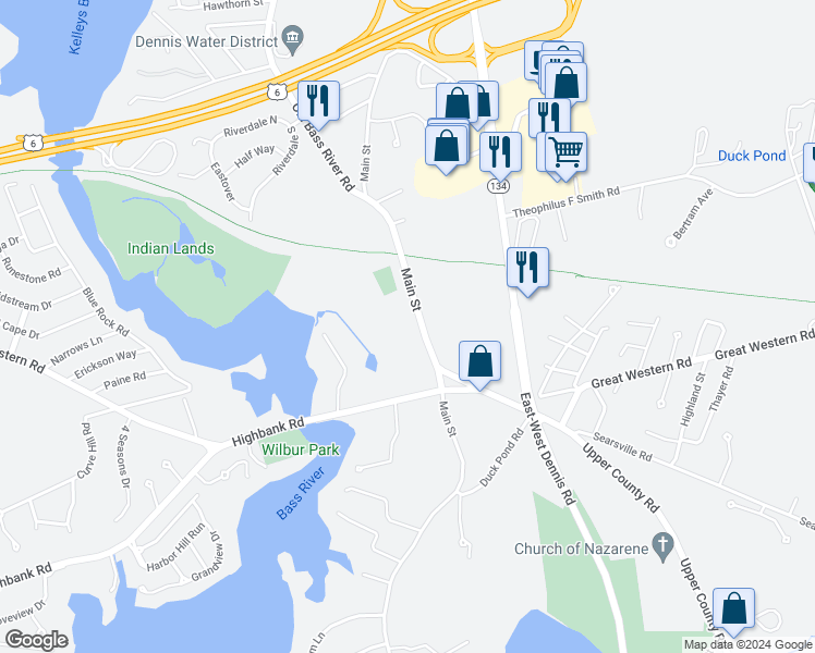 map of restaurants, bars, coffee shops, grocery stores, and more near 465 Main Street in Dennis