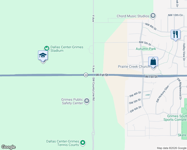 map of restaurants, bars, coffee shops, grocery stores, and more near 6581 Y Avenue in Grimes