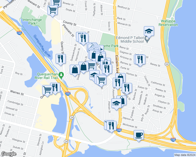map of restaurants, bars, coffee shops, grocery stores, and more near 79 Everett Street in Fall River