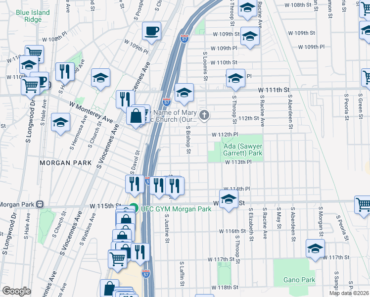 map of restaurants, bars, coffee shops, grocery stores, and more near 11310 South Bishop Street in Chicago