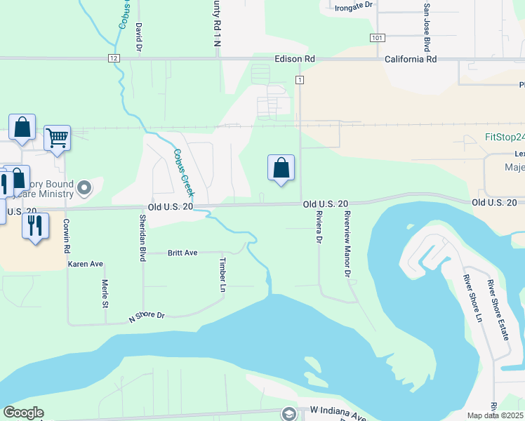 map of restaurants, bars, coffee shops, grocery stores, and more near 30120 Old U.S. 20 in Elkhart