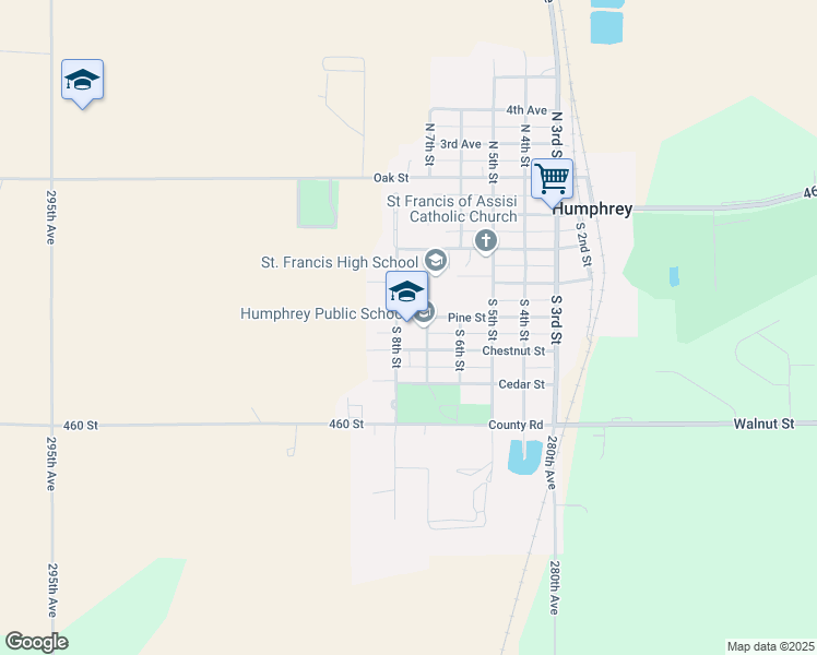 map of restaurants, bars, coffee shops, grocery stores, and more near 405 South 7th Street in Humphrey