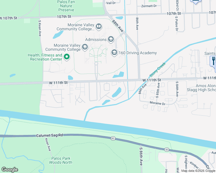 map of restaurants, bars, coffee shops, grocery stores, and more near 11112 East Cove Circle in Palos Hills