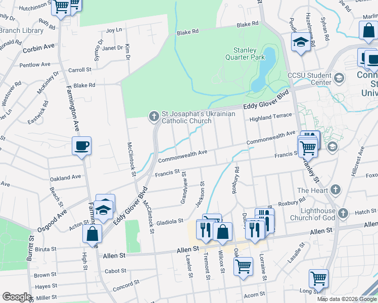 map of restaurants, bars, coffee shops, grocery stores, and more near 6 Tunxis Street in New Britain