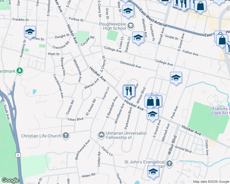 map of restaurants, bars, coffee shops, grocery stores, and more near 171 Hooker Avenue in Poughkeepsie