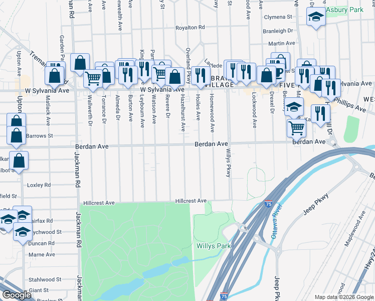 map of restaurants, bars, coffee shops, grocery stores, and more near 3703 Hazelhurst Avenue in Toledo
