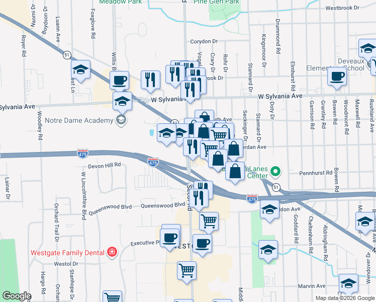map of restaurants, bars, coffee shops, grocery stores, and more near Secor Road in Toledo