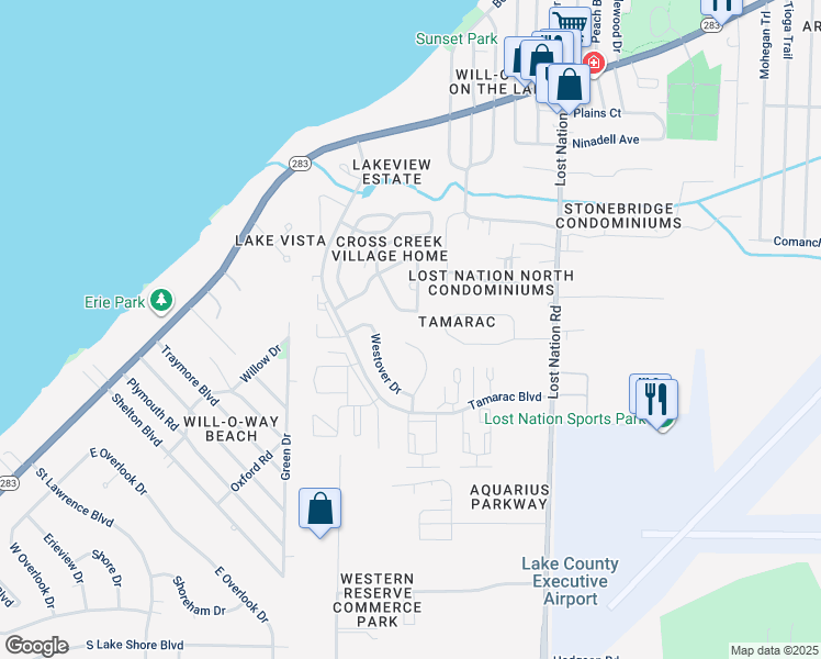 map of restaurants, bars, coffee shops, grocery stores, and more near 1531 Arbor Drive in Willoughby