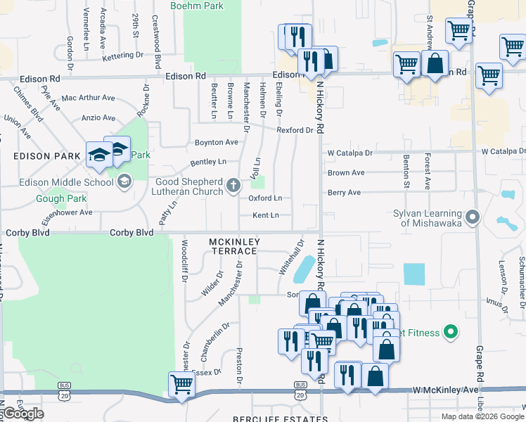 map of restaurants, bars, coffee shops, grocery stores, and more near 3313 Corby Boulevard in South Bend