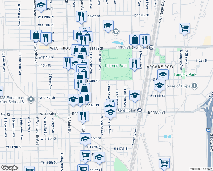 map of restaurants, bars, coffee shops, grocery stores, and more near 11333 South Indiana Avenue in Chicago