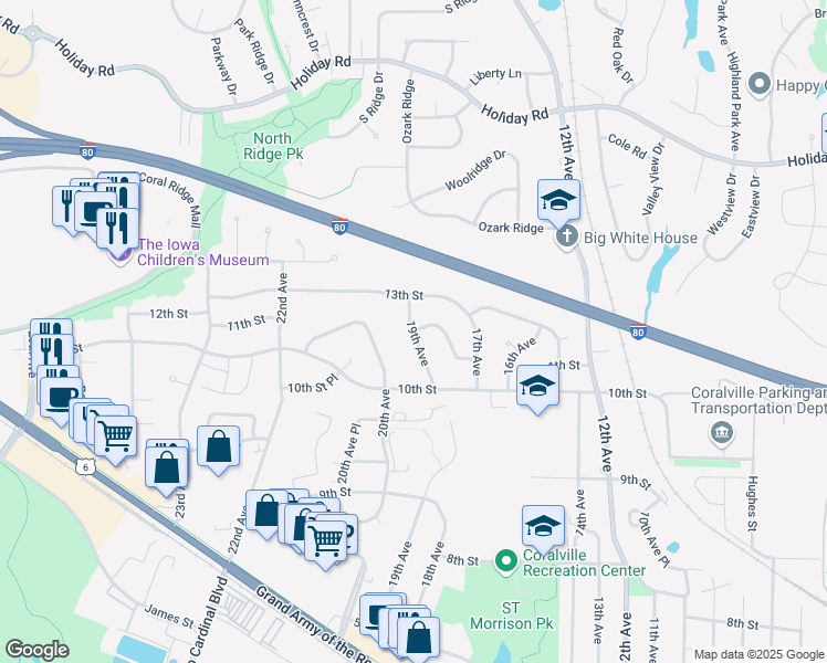 map of restaurants, bars, coffee shops, grocery stores, and more near 11th Street in Coralville