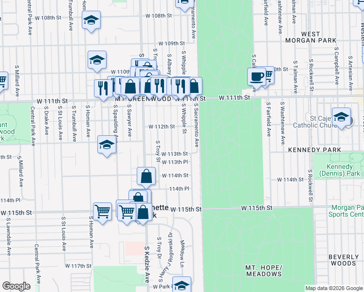 map of restaurants, bars, coffee shops, grocery stores, and more near 11254 South Whipple Street in Chicago